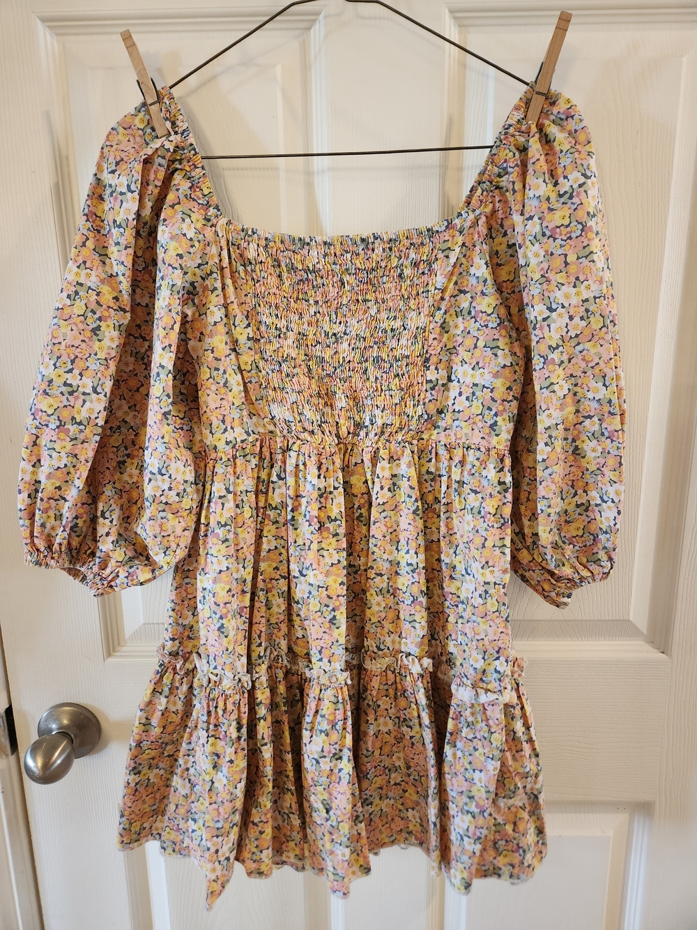 Women’s Yellow Floral Boho Smocked Tiered Dress, Size Medium